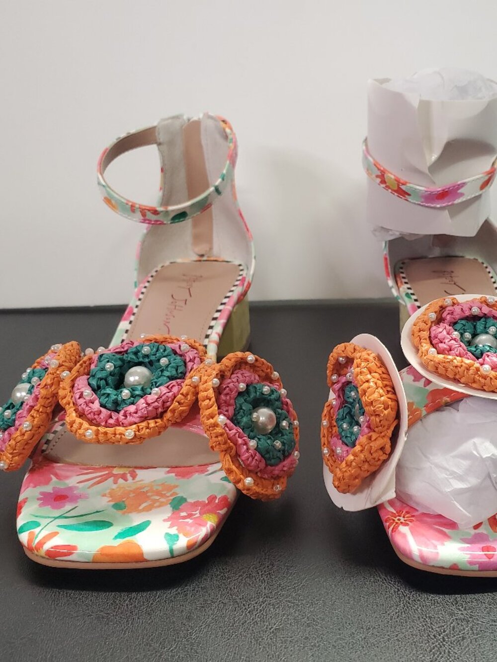 Betsey Johnson Brandee Crochet Flower Ankle Strap Sandals Embellished Size 8